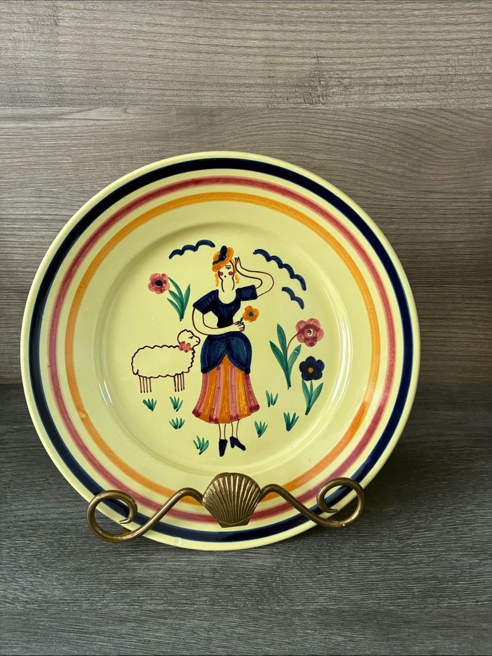 RARE Henriot Quimper French pottery, hand-painted Breton woman and a sheep